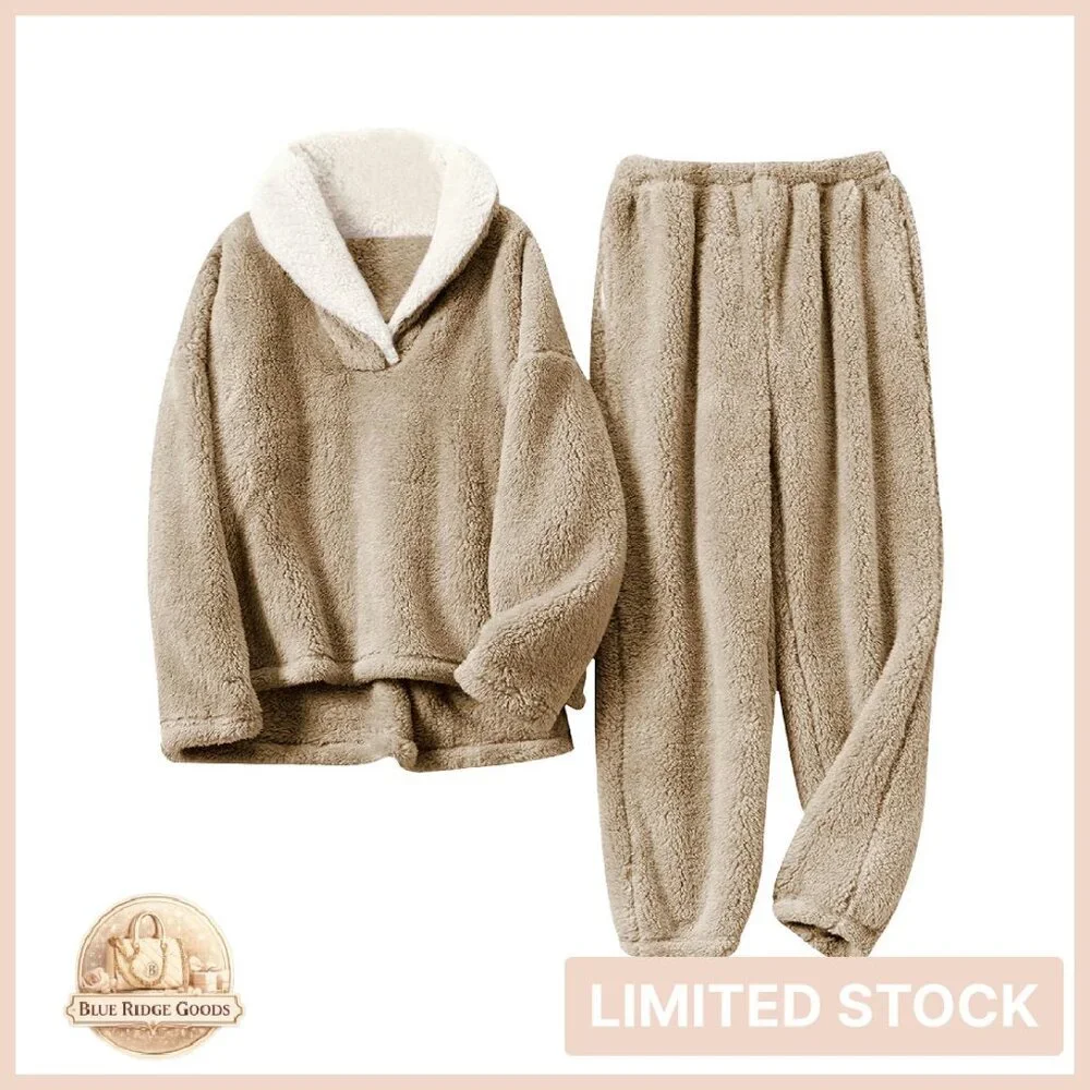 Cozy Sherpa Fleece Pajama Set Oversized Lapel Pullover Lounge Wear Y2K